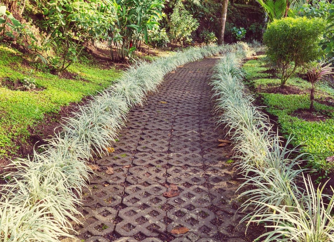 Allée de jardin aménagée avec revêtement drainant et bordures végétalisées dans un espace paysager entretenu.