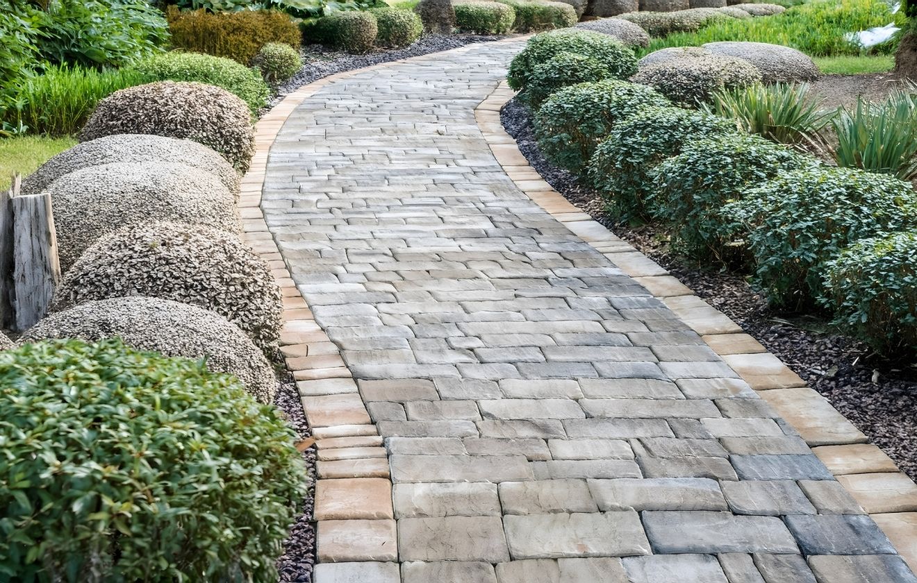 Allée pavée sinueuse bordée d’arbustes taillés et de massifs végétalisés dans un jardin paysager aménagé.