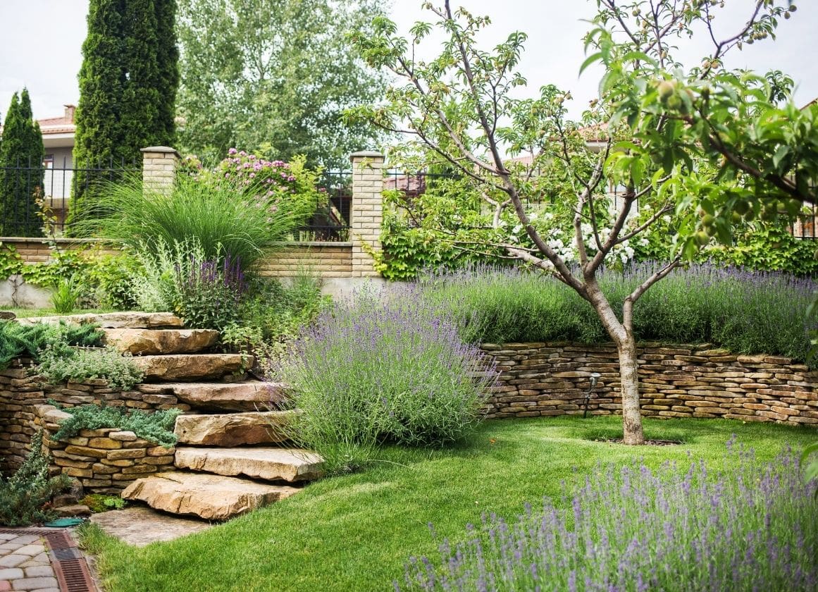 Jardin paysager avec escaliers en pierre naturelle, murets de soutènement, pelouse soignée, arbustes et massifs fleuris.