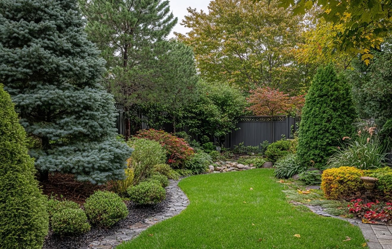 Jardin paysager avec pelouse entretenue, arbustes taillés, massifs végétalisés et allées aménagées dans un espace extérieur harmonieux.